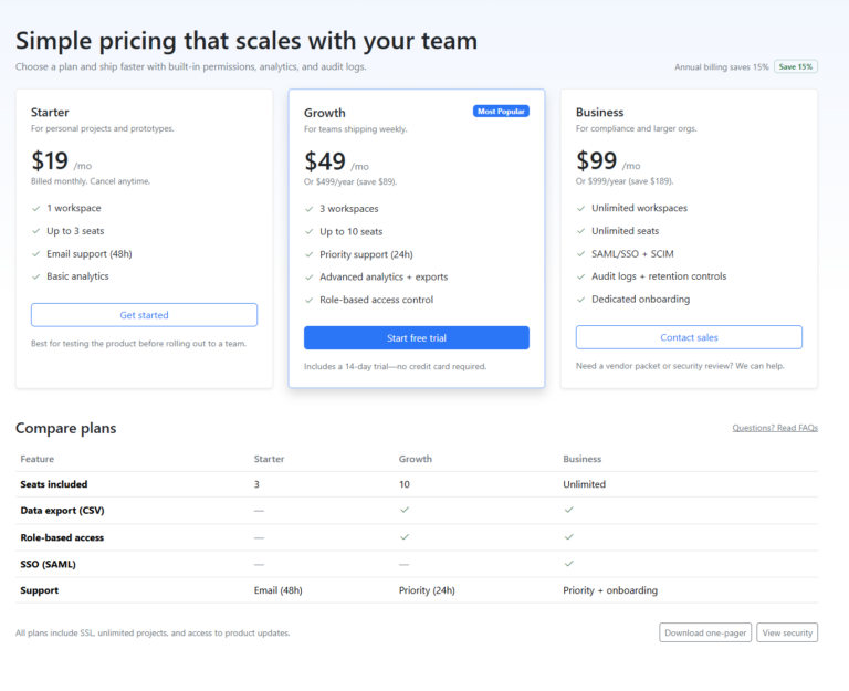 Responsive Bootstrap Pricing Tables with Plan Comparison (Bootstrap 5.3)