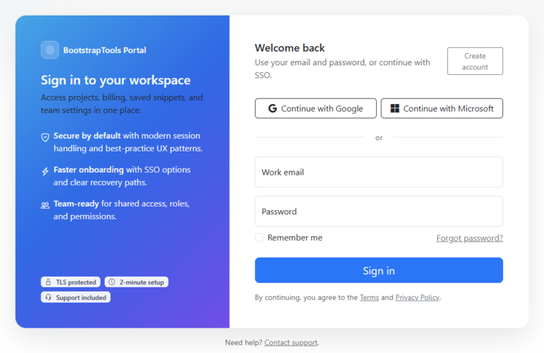 Responsive Two-Column Login Form with SSO Buttons (Bootstrap 5.3)