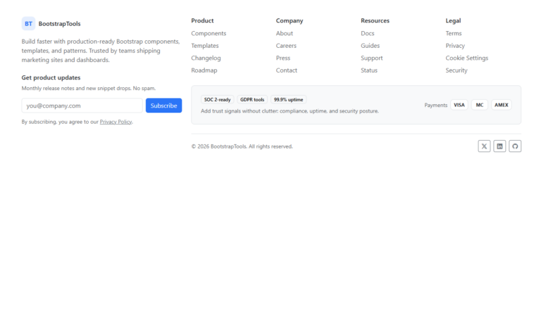Responsive SaaS Footer with Newsletter, Product Links, and Trust Badges (Bootstrap 5.3)