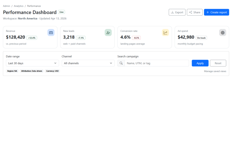Bootstrap 5 Admin KPI Dashboard Header with Filters and Export