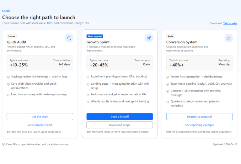 Responsive Marketing Feature Cards with KPI Badges and CTA Buttons (Bootstrap 5.3)