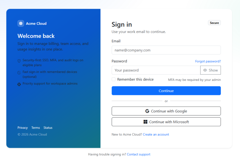 Responsive Bootstrap 5 Login Form with Brand Panel and Trust Copy